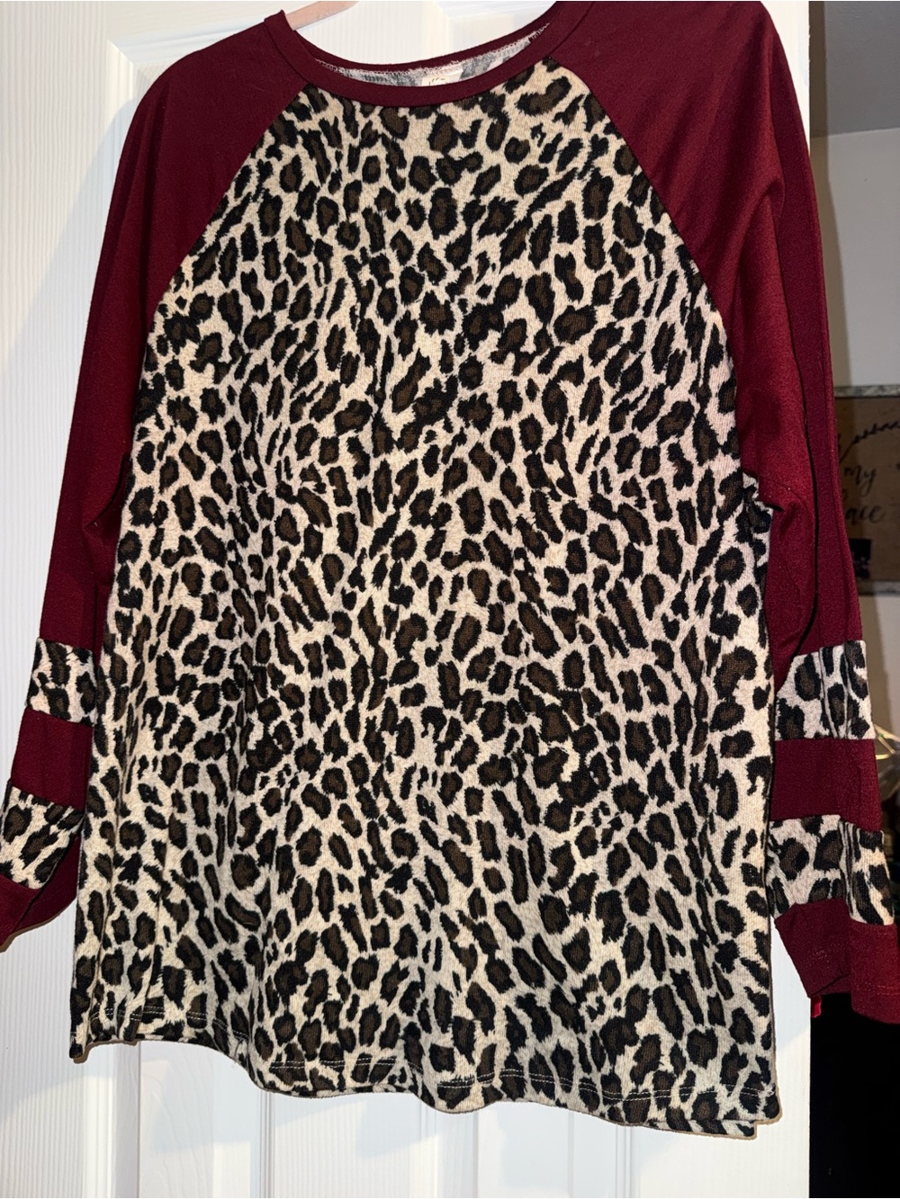 Leopard Print Raglan Sweatshirt with Burgundy Sleeves